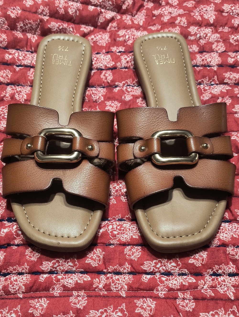 Time and Tru Brown Buckle Slide Sandals, Great Shape